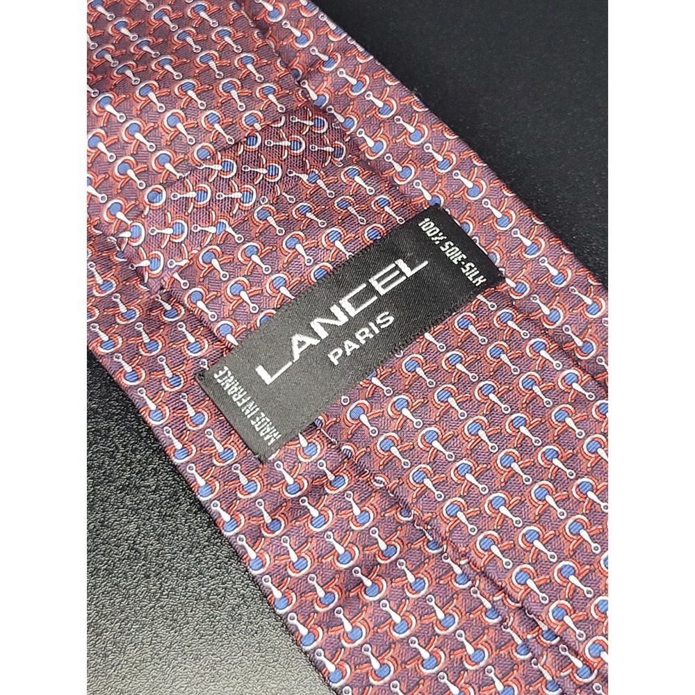 Lancel Paris Mens Silk Necktie Red Blue Stirrup Special An 2000 France